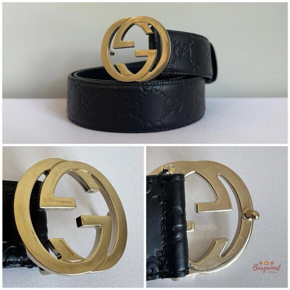 Authentic Gucci Black Guccissima Leather Gold Interlocking G Buckle Belt 75/30 - Picture 2 of 13